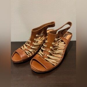 PIKOLINOS | Brown and Gold Strappy Sandals with Block Heel | 9.5